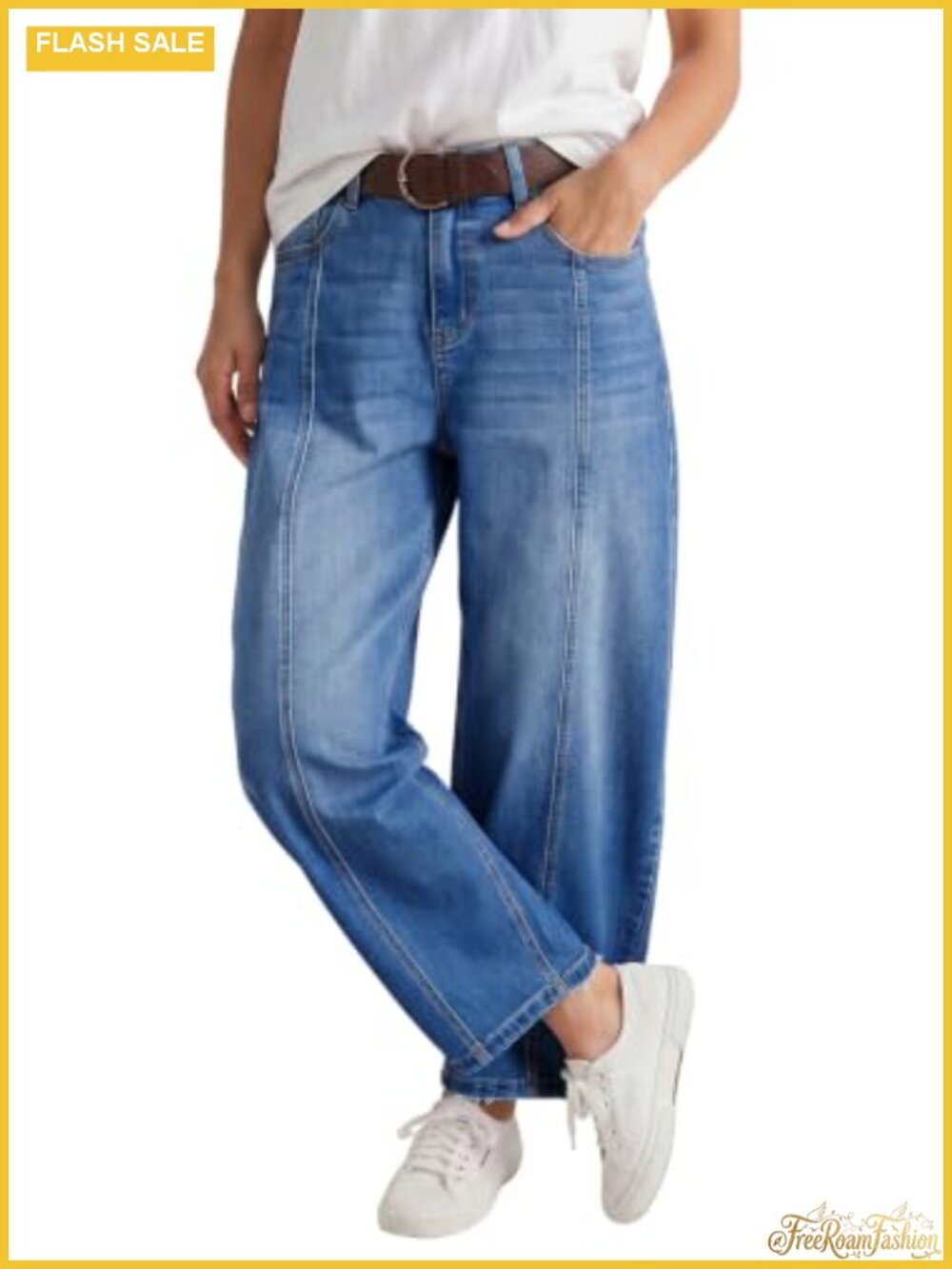 Women's Mid Rise Barrel Jeans Cropped Wide Leg Stretchy Denim Pants Y2K